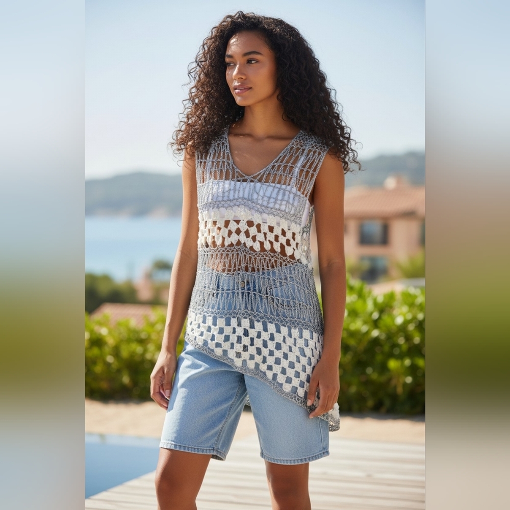 ZARA Crochet Metallic Silver White Asymmetrical Top Size L Boho